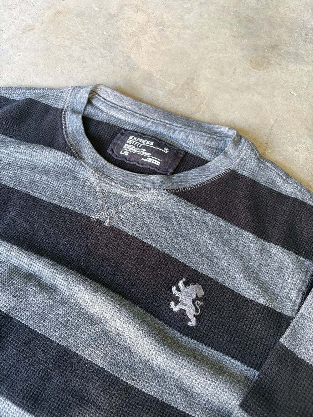 Express Gray and Black Striped Waffle Knit Long Sleeve Shirt Large